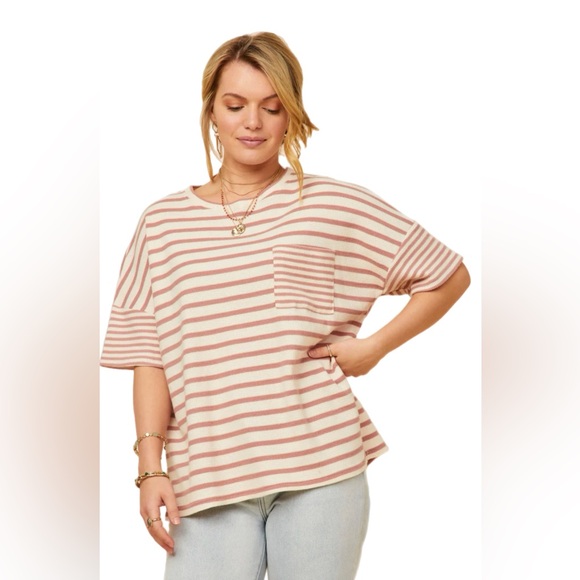 Hayden Los Angeles Waffle Textured Mixed Stripe Oversize Knit Tee Size 3XL - Picture 3 of 11